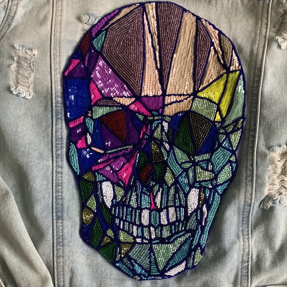 Denim Jacket With Beaded Skull Patch - image 2